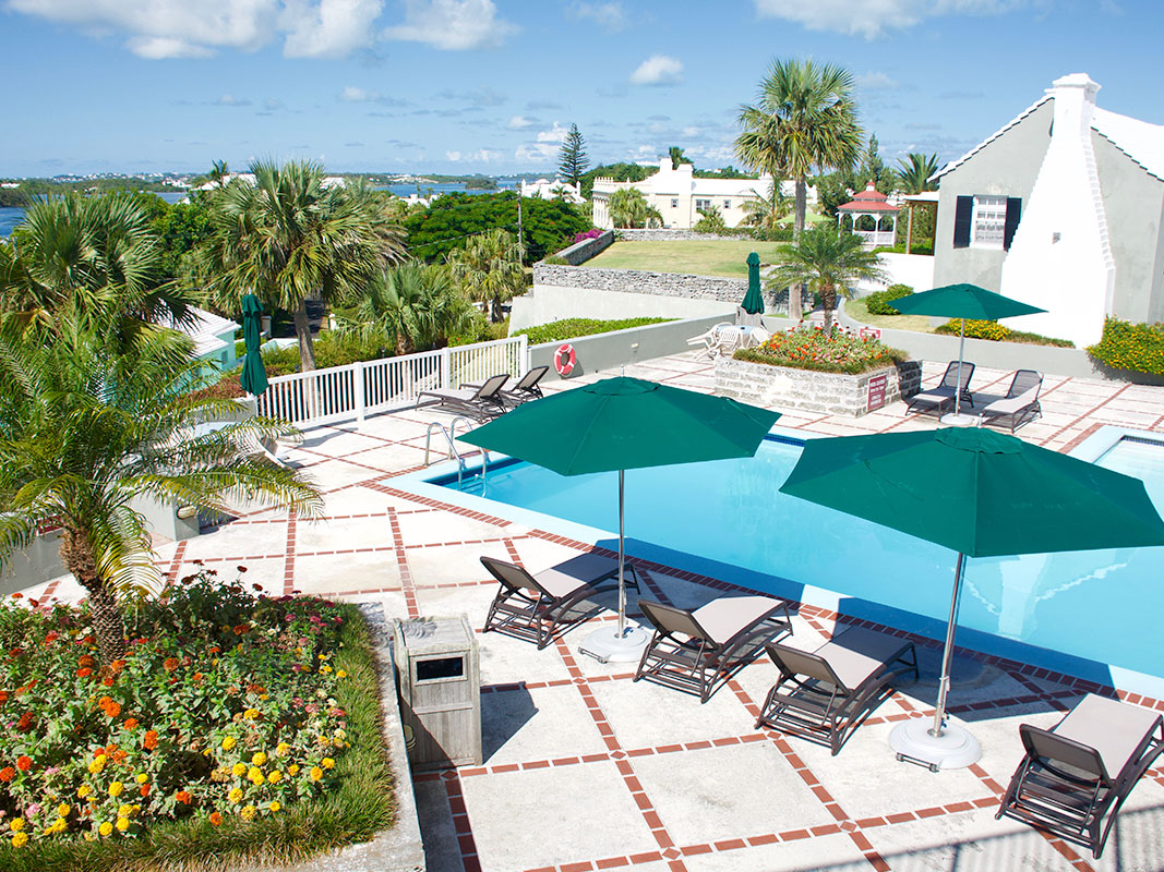 View of outdoor seating and pool