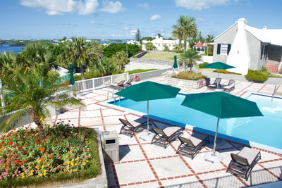 View of outdoor pool with lounge chairs and umbrellas