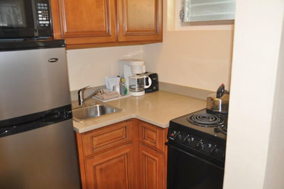 Kitchenette with fridge, microwave, stove and coffee maker